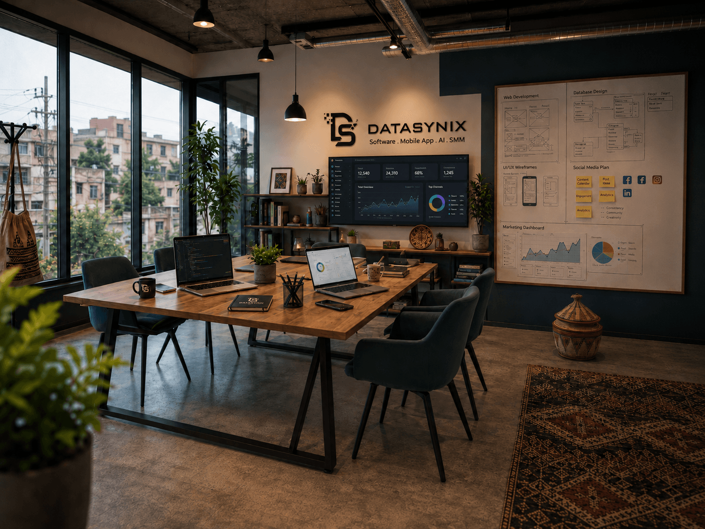 DataSynix office — collaborative workspace with conference table and branding